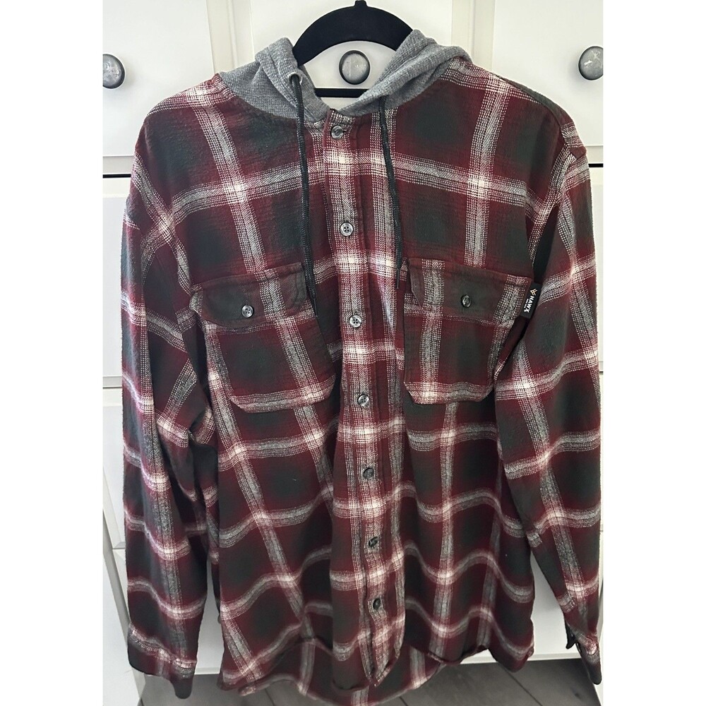 HAWX Work Gear Mens Red & Gray Plaid Hooded Flannel Shirt Jacket (Shacket) - XL
